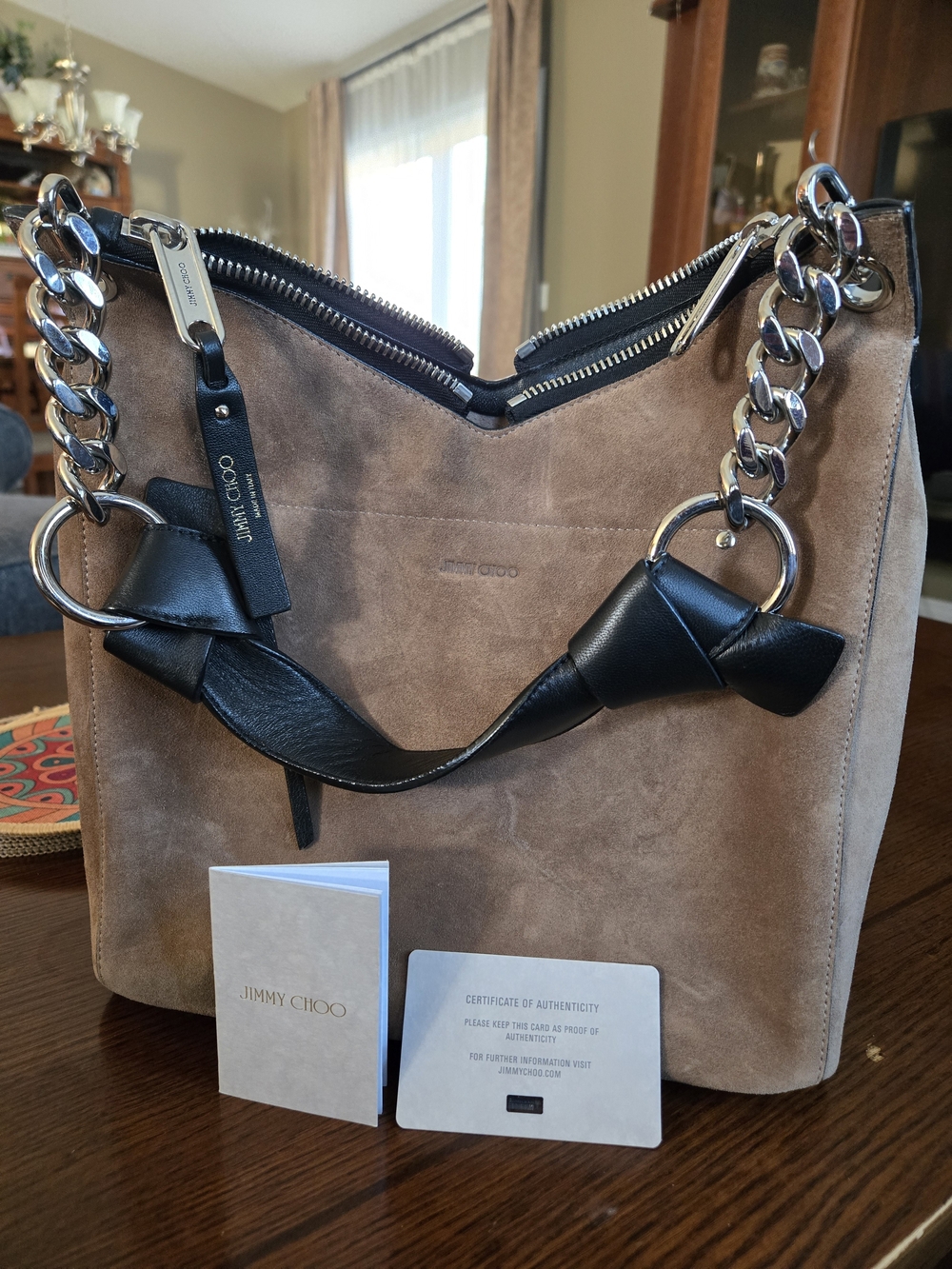 Jimmy Choo Taupe Suede Shoulder Bag with Black Leather & Silver Chain